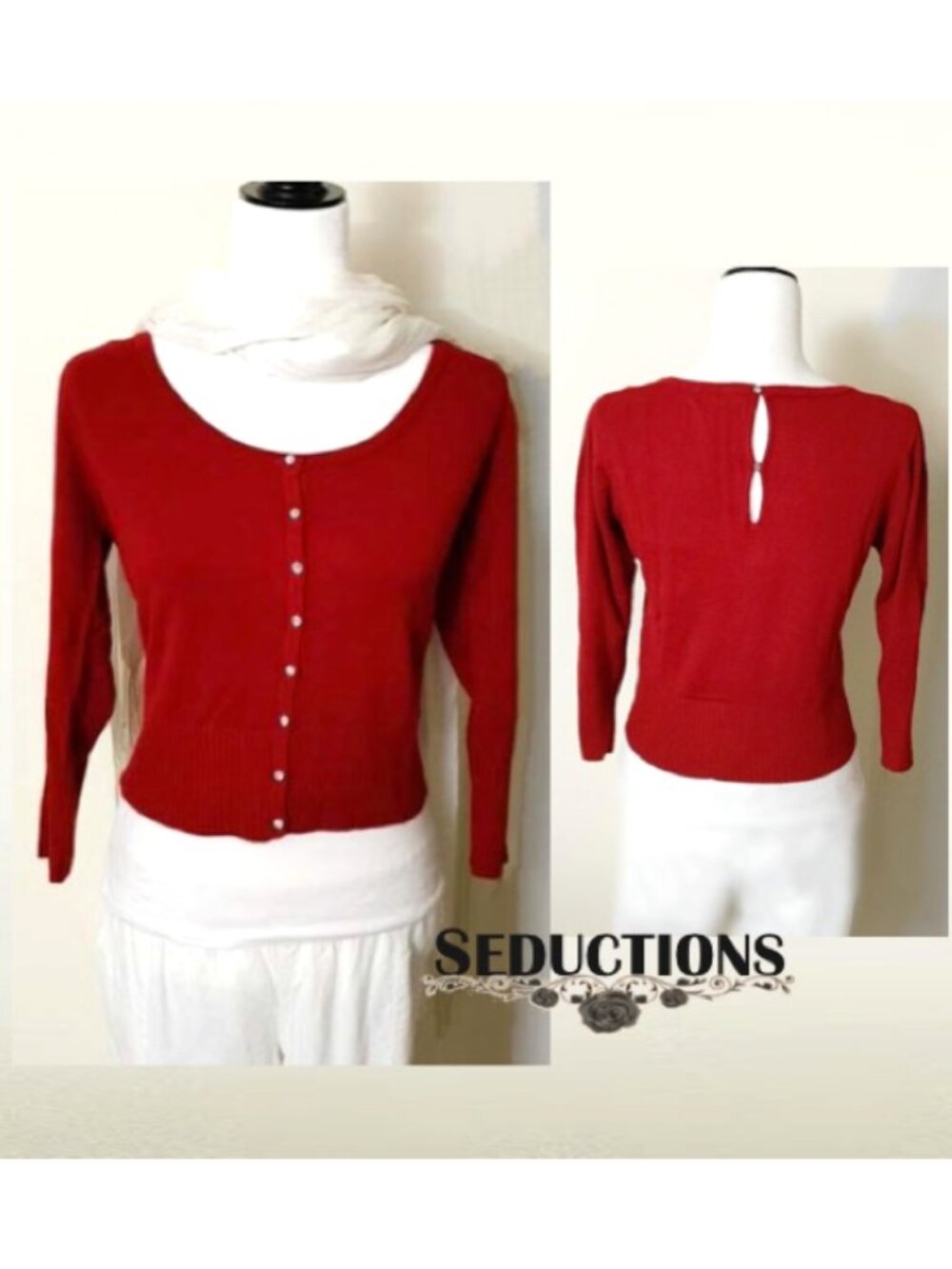 Seductions Rayon Blend Stretchy Red Top Sweater Scoop Neck 3/4 Sleeve Button M-L